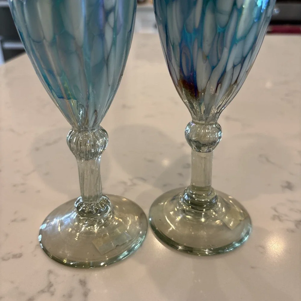 Cobalt Blue White Iridescent MexicoBlown Art Champagne Flute‎ Wine Glass Wedding